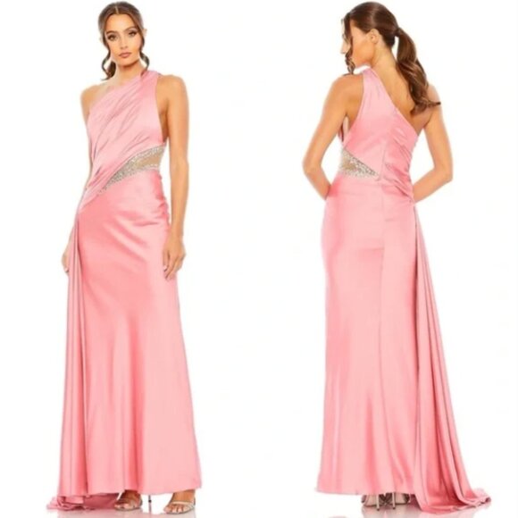 MAC DUGGAL 2210 ONE SHOULDER EMBELLISHED SATIN CORAL GOWN sz 12 - Picture 1 of 5